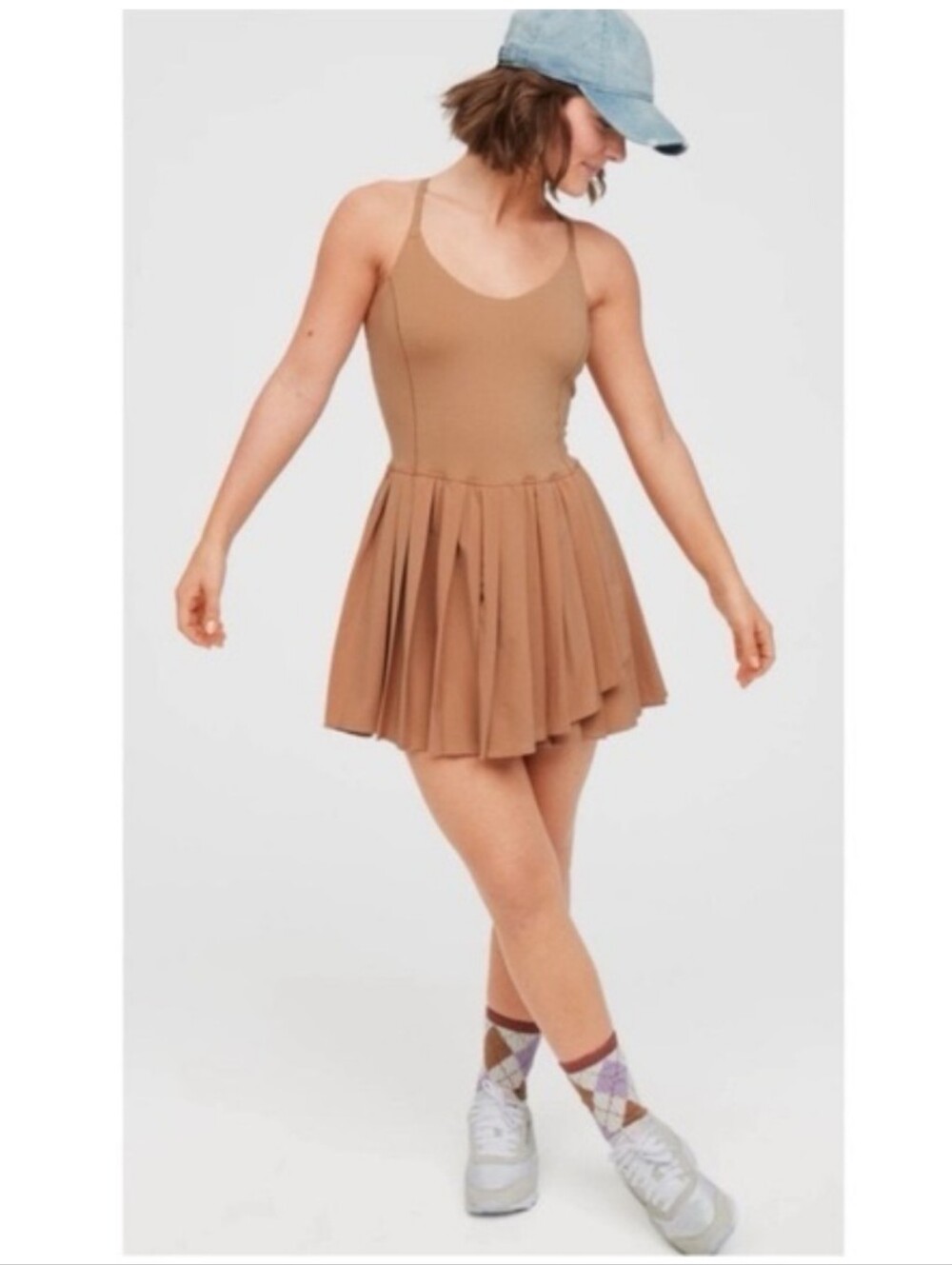 NWT NEW Offline By Aerie Tiebreaker Pleated Dress Skims Tan Brown S Small